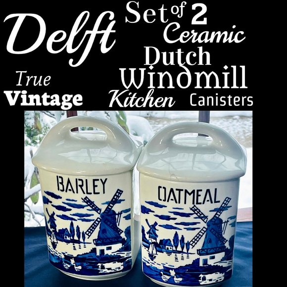 ▪️VTG▪️DELFT▪️Set of 2 Ceramic Dutch Windmill Barley & Oatmeal Kitchen Canisters - Picture 1 of 15